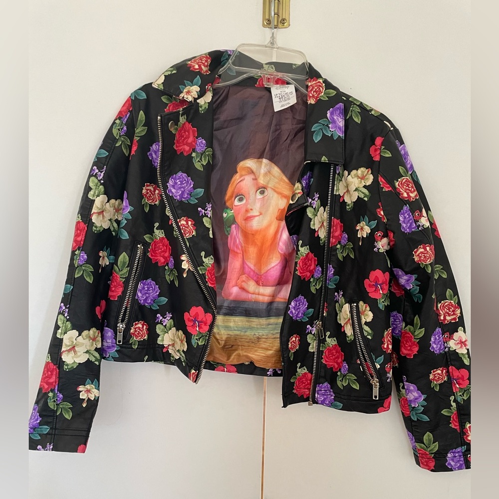 Disney Tangled Rapunzel and Pascal Floral Faux Leather Jacket 9/10
